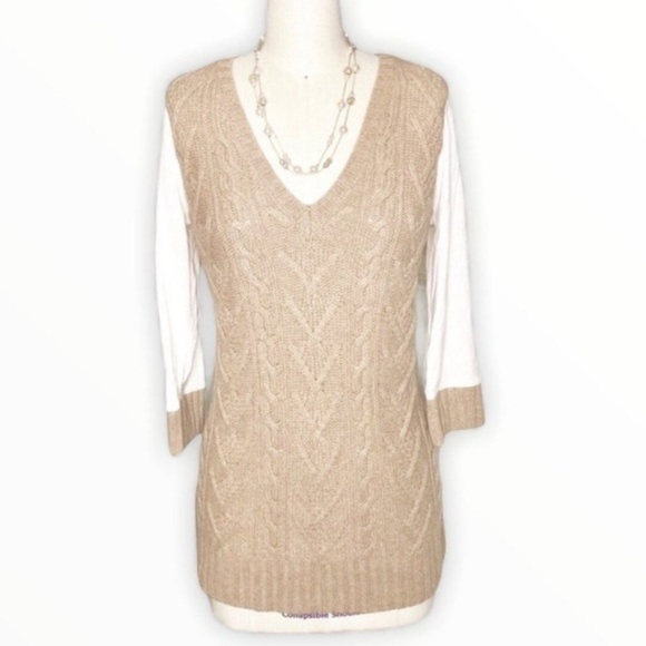 Anthropologie Pilcro Tan & White Cable Knit V Neck Sweater Medium - Picture 2 of 8